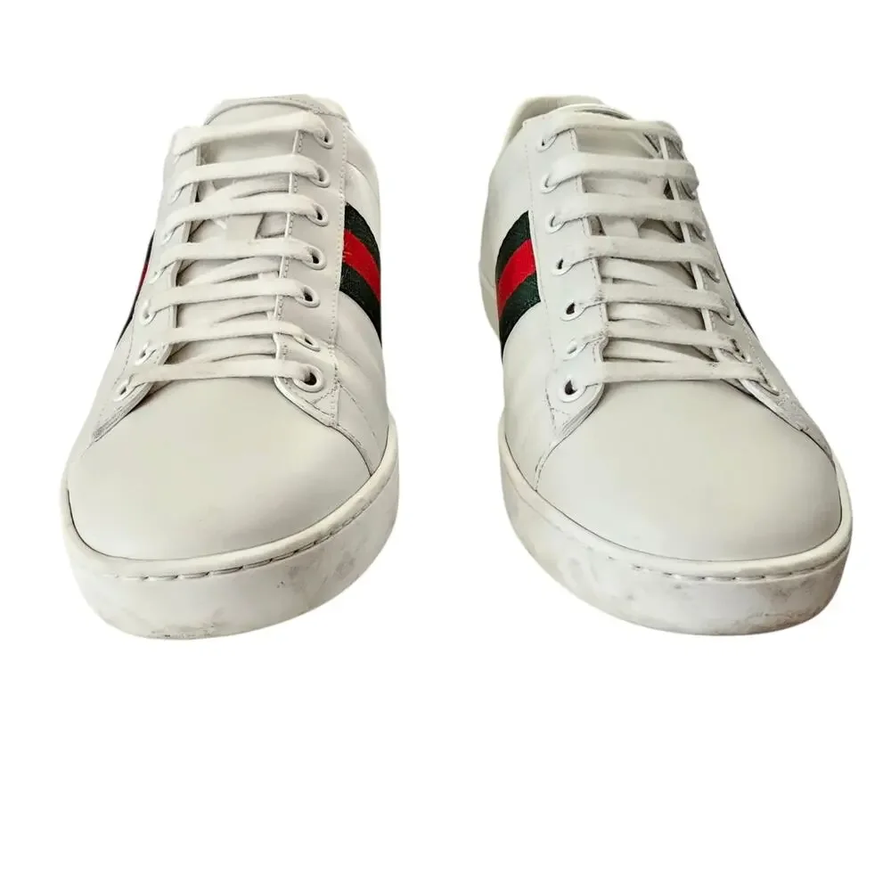 Gucci Ace Web Stripe Low Top Sneaker White Leather Green Red Size 40.5 US 10.5